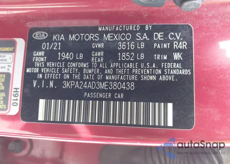 2021 Kia Rio S z USA, uszkodzony, nr VIN 3KPA24AD3ME380438